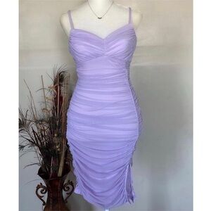 WOMENS RUNCHED PURPLE BODYCON SLIT VALENTINES DRESS